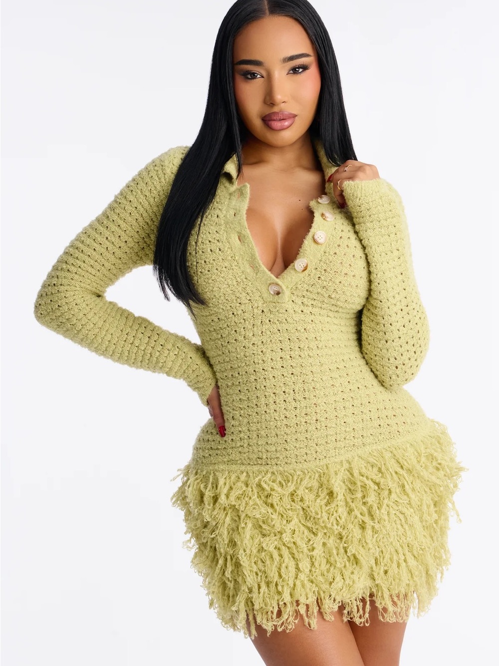 Fashion Nova Lime Green Textured Knit Mini Dress